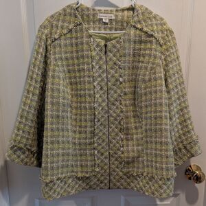 Coldwater Creek Dark Academia Green Plaid Tweed Zip Front Blazer Jacket Size 18